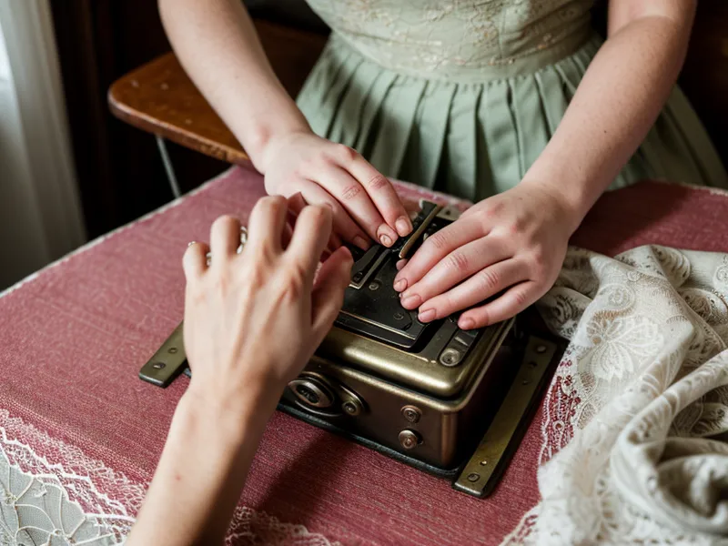 Mano ajustando el dial de ancho de puntada en una máquina de coser casera