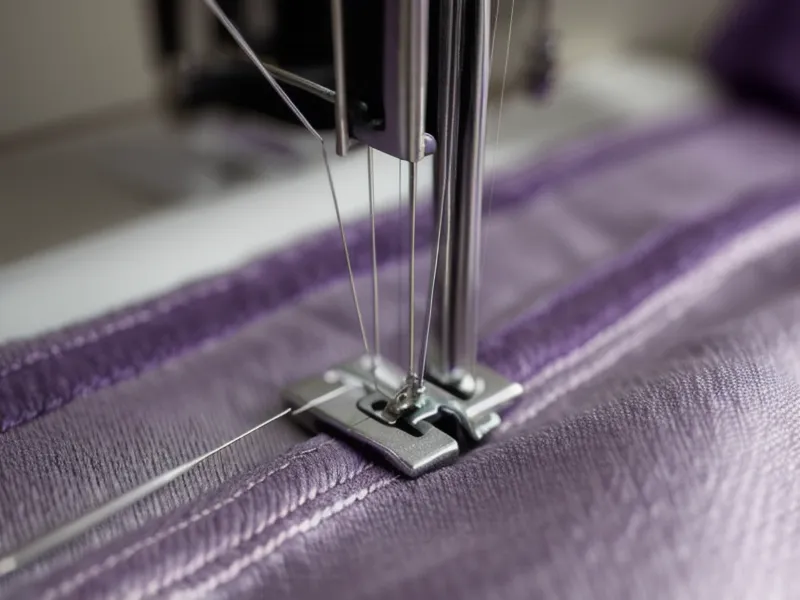 Primer plano de agujas stretch 70/10 junto a una máquina de coser familiar