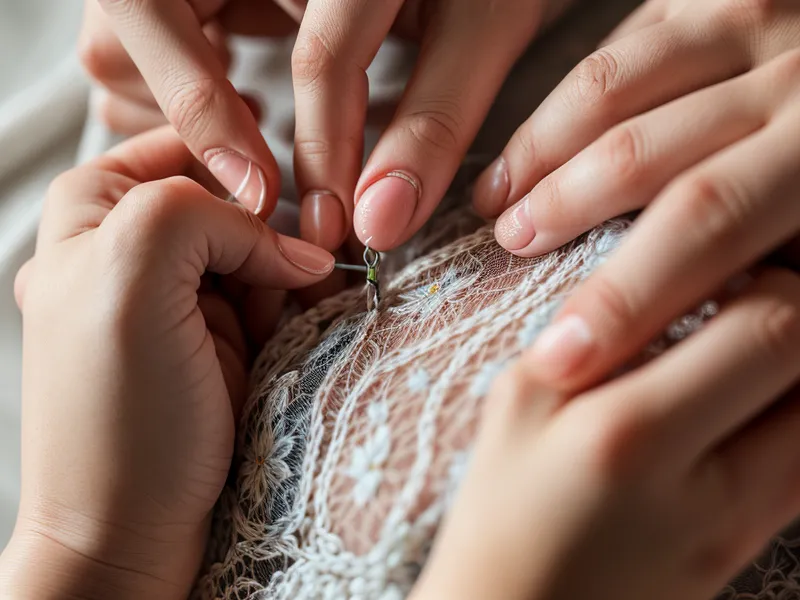 Costura a mano invisible uniendo dos piezas de encaje siguiendo el patrón