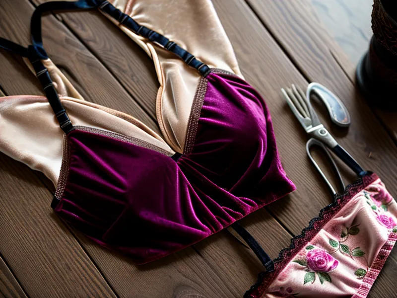 Bralette de terciopelo terminado con costuras perfectas sobre una mesa de costura