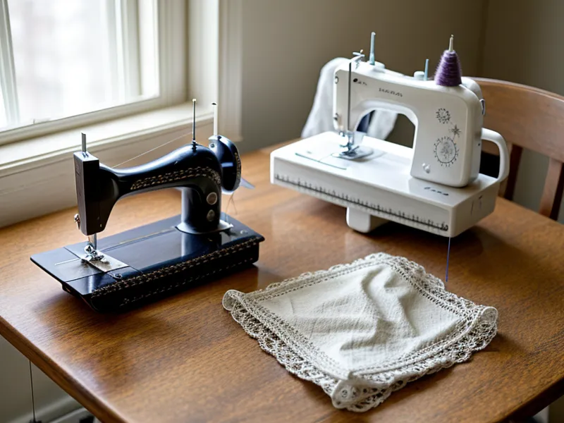 Máquina de coser familiar realizando puntada zigzag en un elástico con regulador metálico