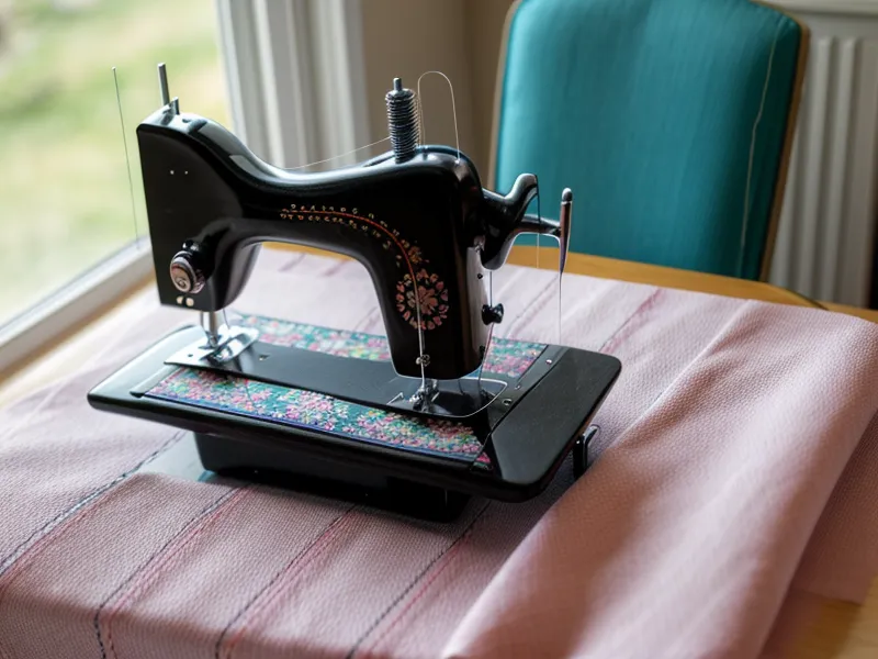 Máquina de coser realizando una puntada zig-zag en tela elástica de colores
