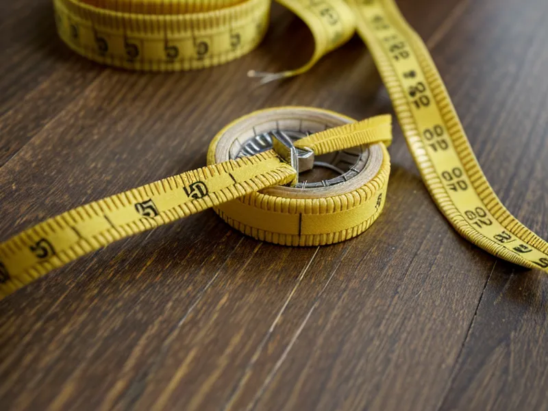 cinta métrica de costura amarilla y tijeras profesionales sobre mesa de madera